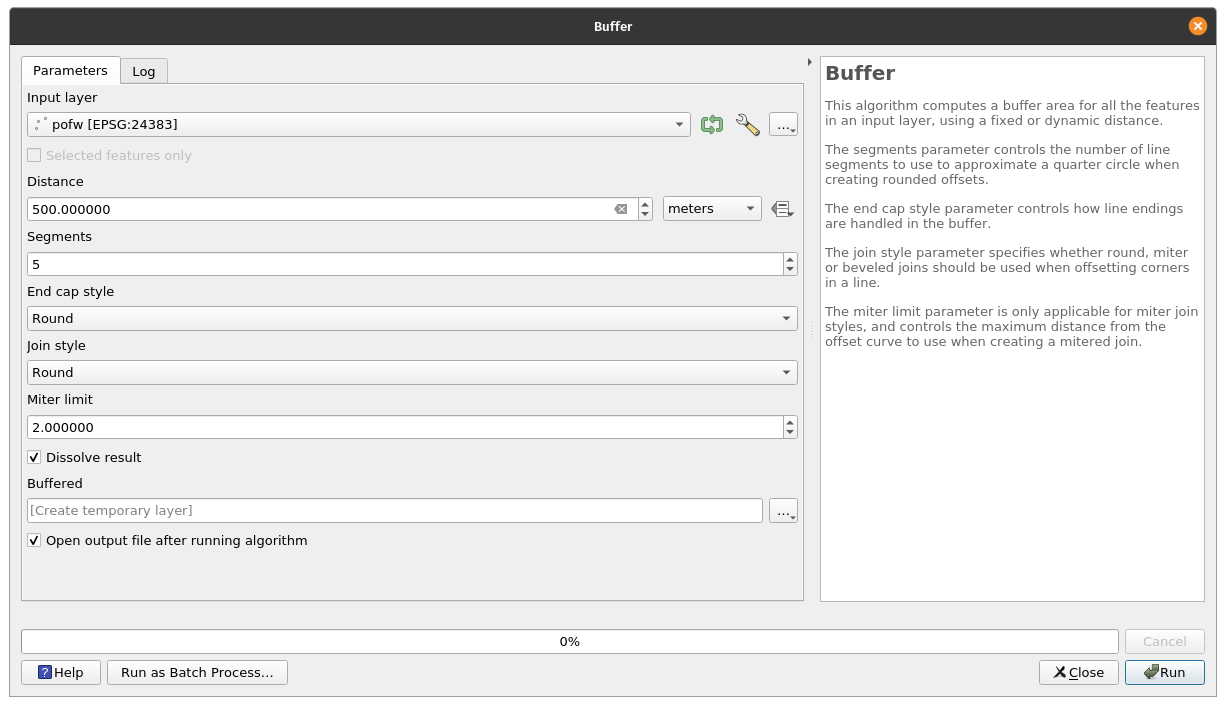 Setting the parameters for a 500 m buffer around the places of worship