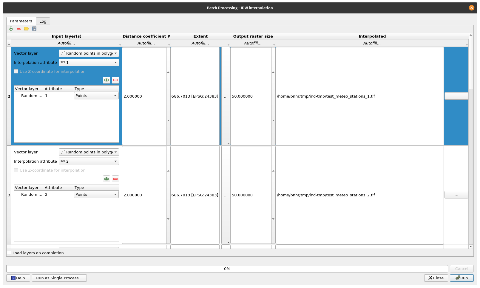 Setting up the batch processing window to interpolate the precipitation values for all 7 days