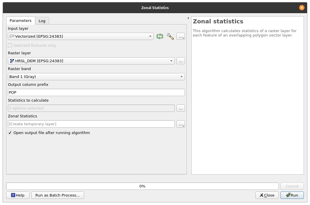 Setting the parameters for Zonal Statistics