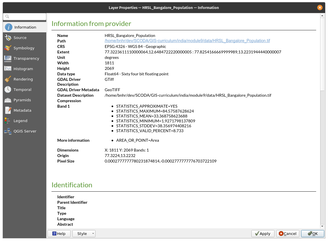 Extracting basic metadata from a raster layer