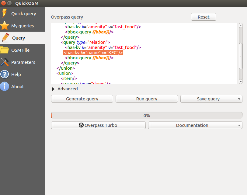 Overpass query to load only fast foods named KFC