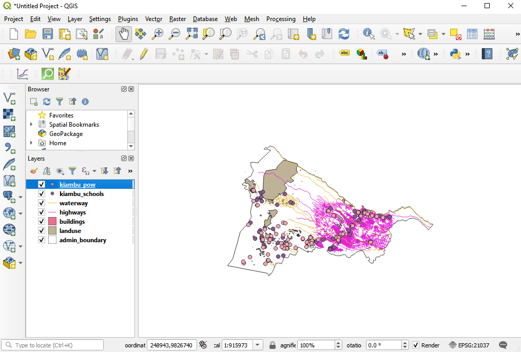 Loaded vector data sets: points, line and polygons