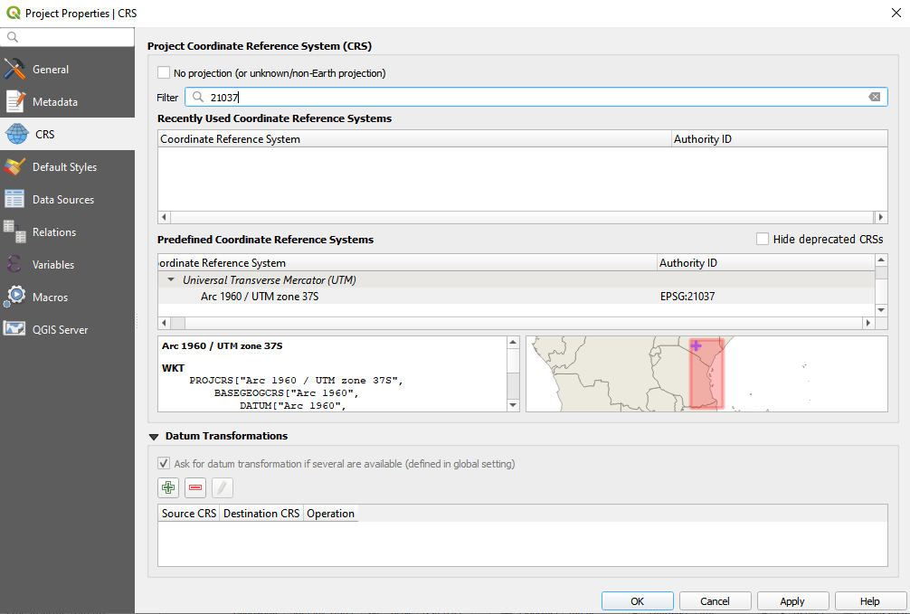 Specifications of the coordinate reference system used in the QGIS project