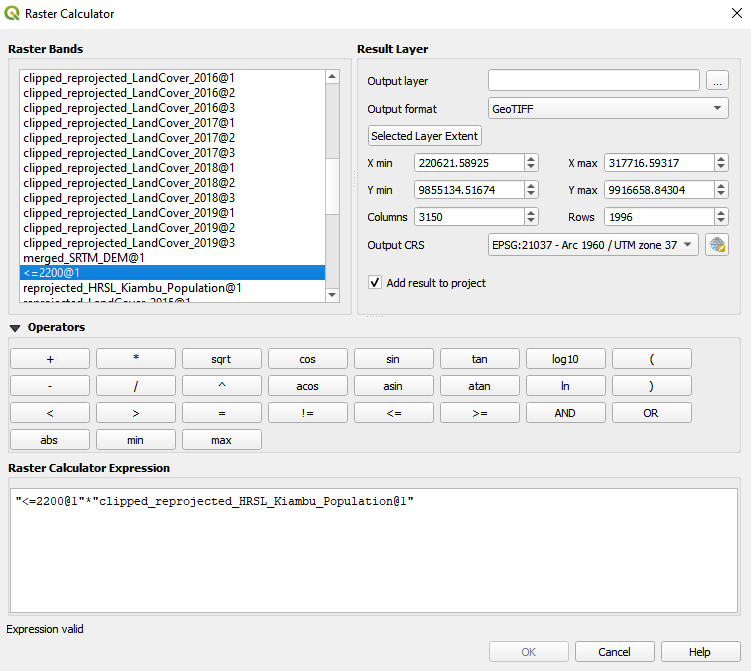 Using raster calculator to identify population distribution classes based on altitude of up to 200m