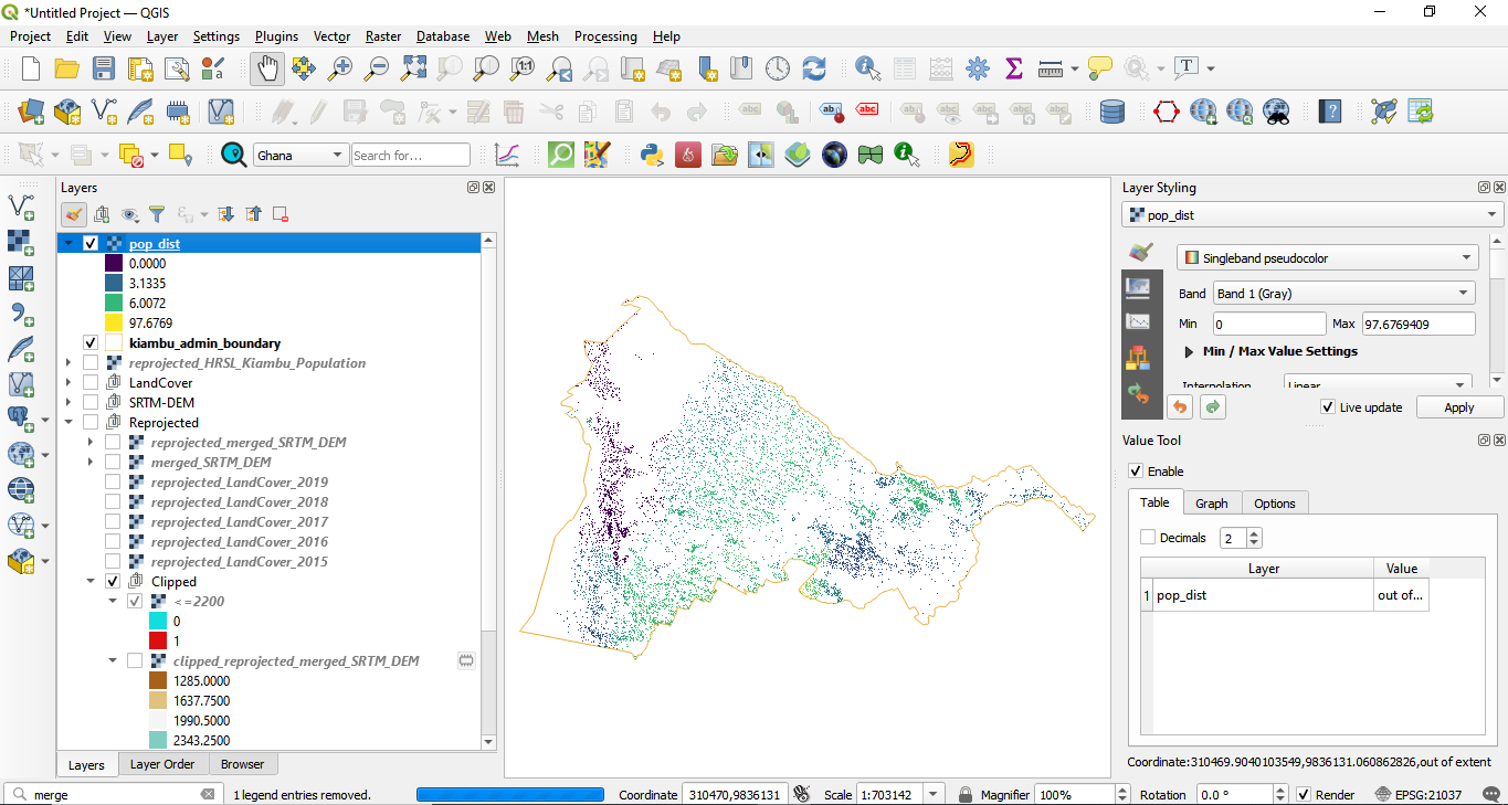 Distribution of population that lives below 200m in Kiambu County, represented at a 30m resolution