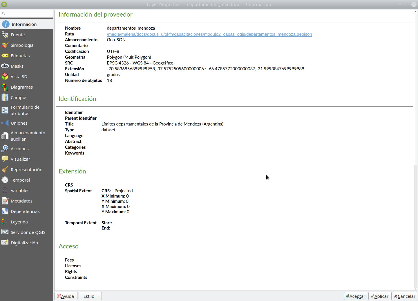 The Information tab after editing some metadata