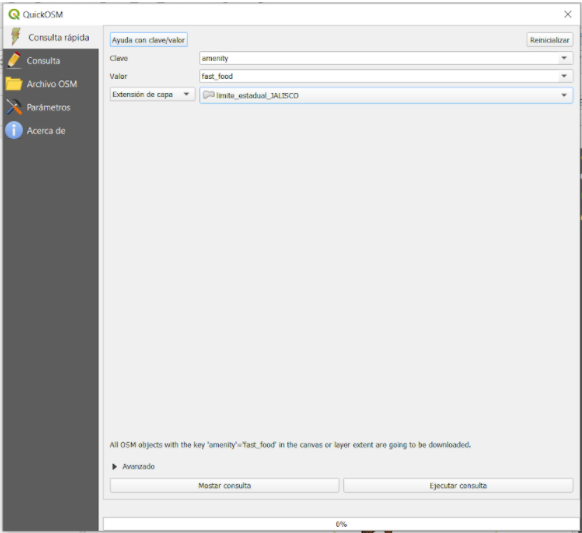 Load amenities (points) tagged as fast_food in the limite_estadual_Jalisco layer extent