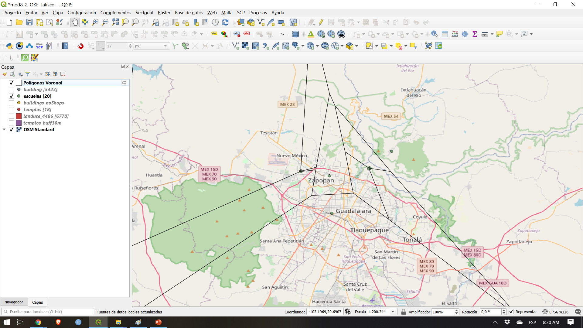 Results of applying Thiessen (Voronoi) polygons algorithm to a point vector layer