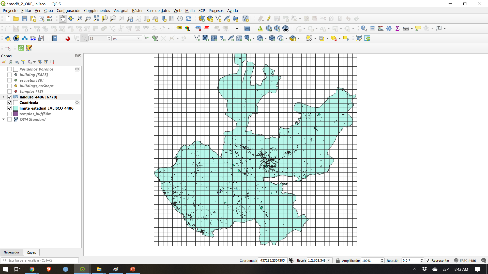 Spatial distribution of the green areas and built-up space in Jalisco