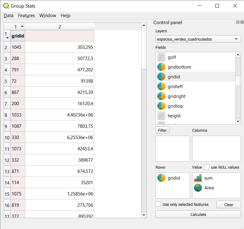 GroupStat parameters setup to sum up the green areas per each 10X10km grid cell