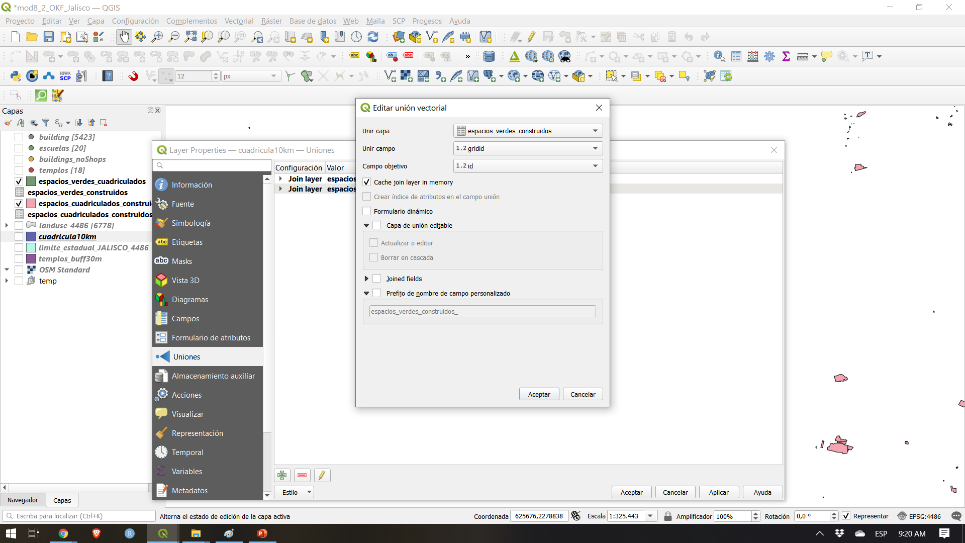 Setting the parameters to join by common field grid_id/id the sums of green and built-up spaces for each grid cell - 10X10km unit