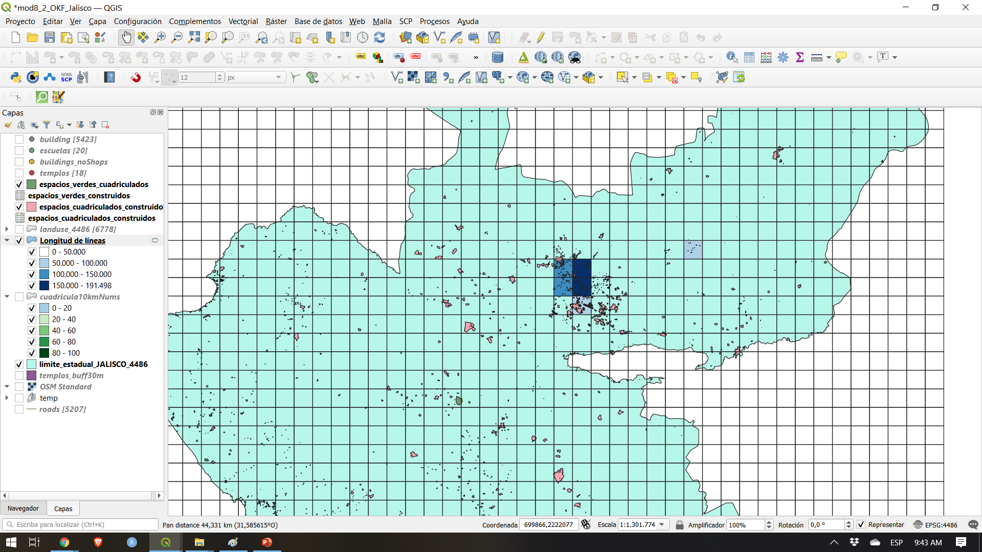 Spatial distribution of 10X10km units with most roads