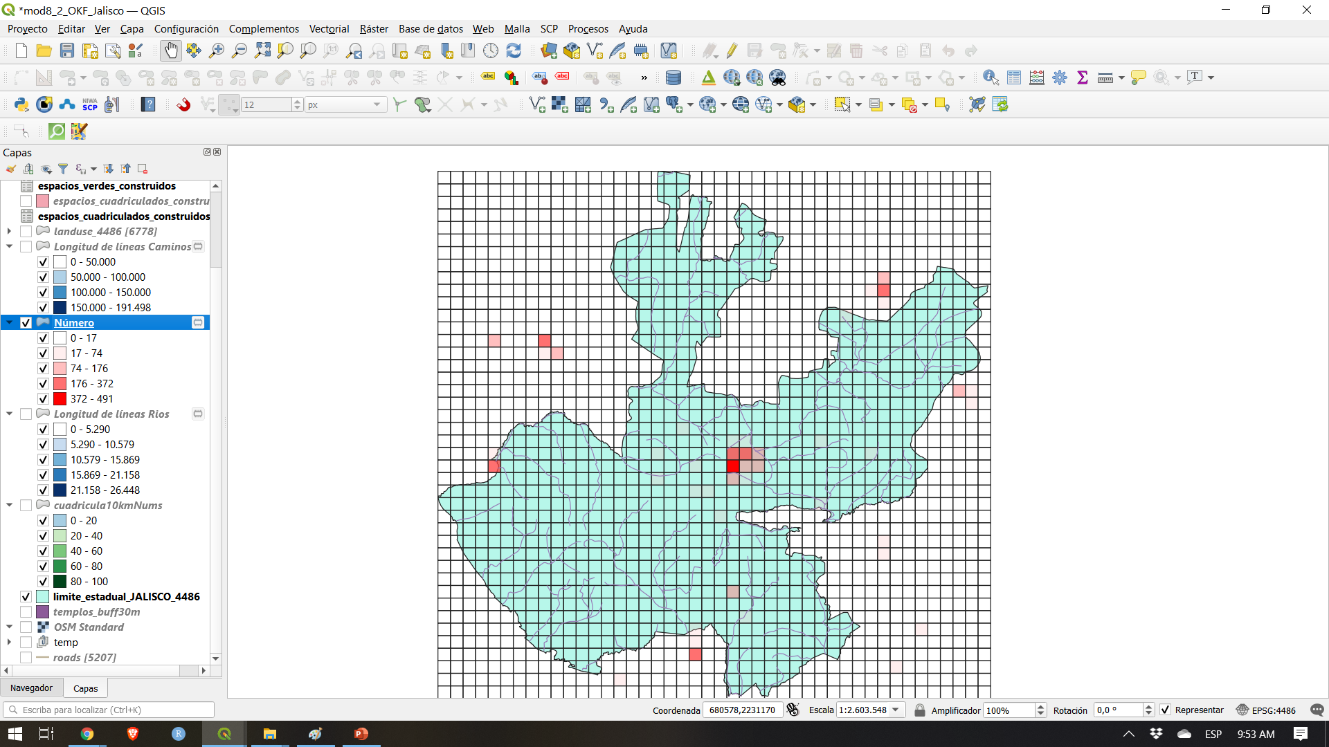 Spatial distribution of towns and cities POIs density per unit 10X10km