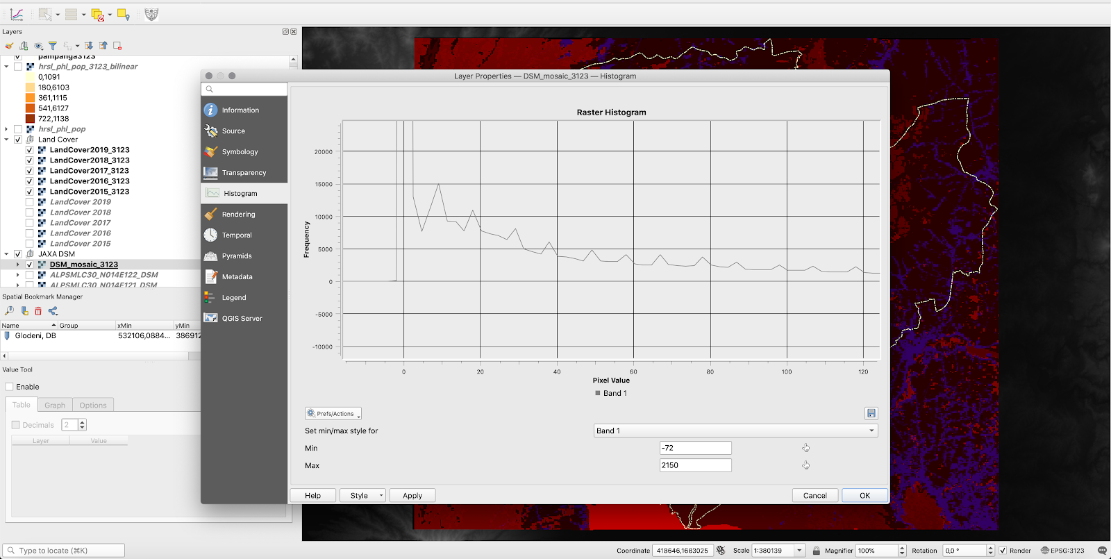 Zooming in on the DSM_mosaic_5235 computed histogram