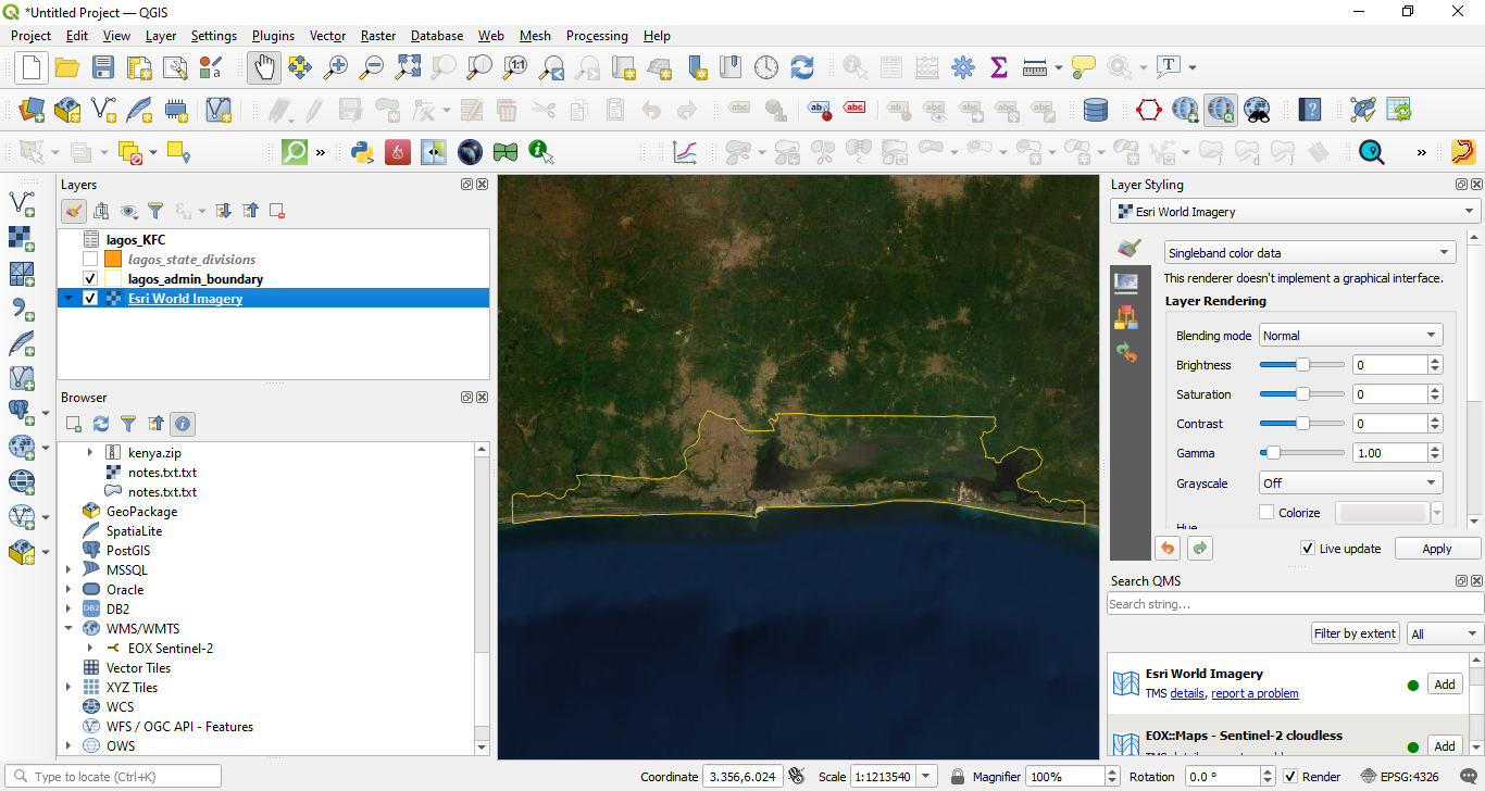 ESRI World Imagery layer loaded in QGIS