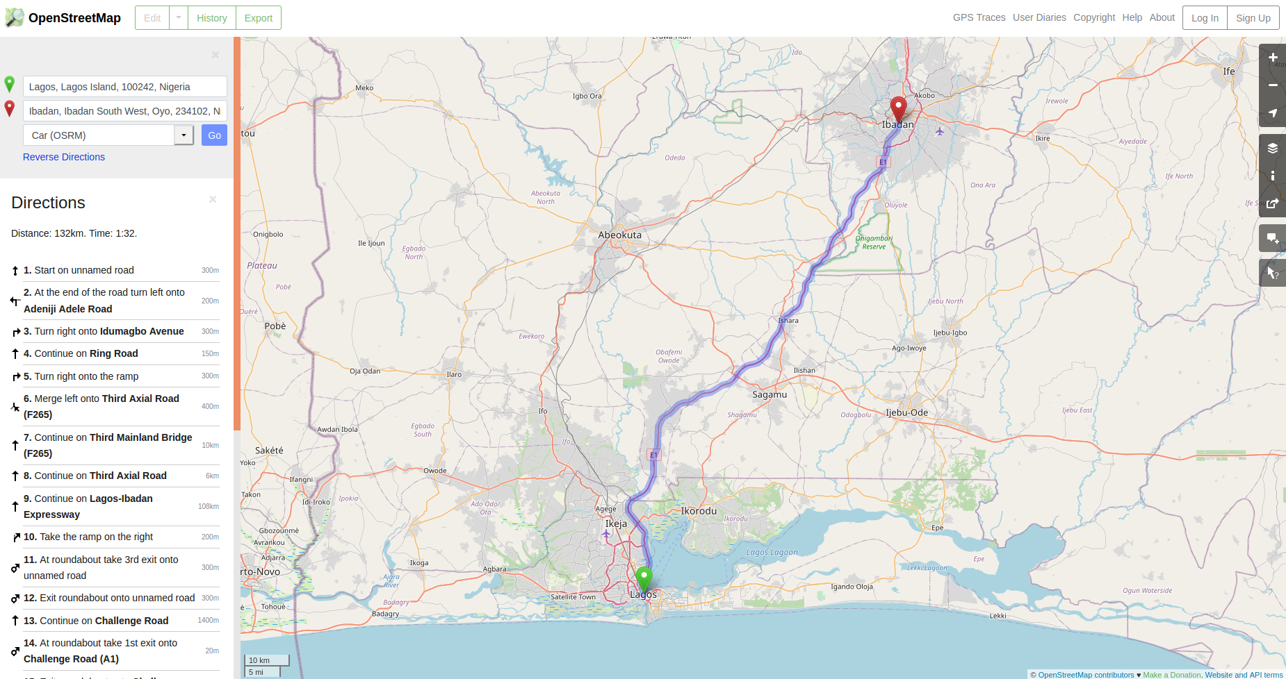 Getting from point A to B using Openstreetmap