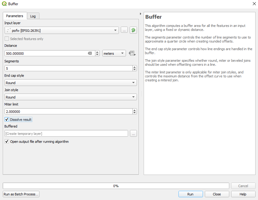 Setting the parameters for a 500 m buffer around the places of worship