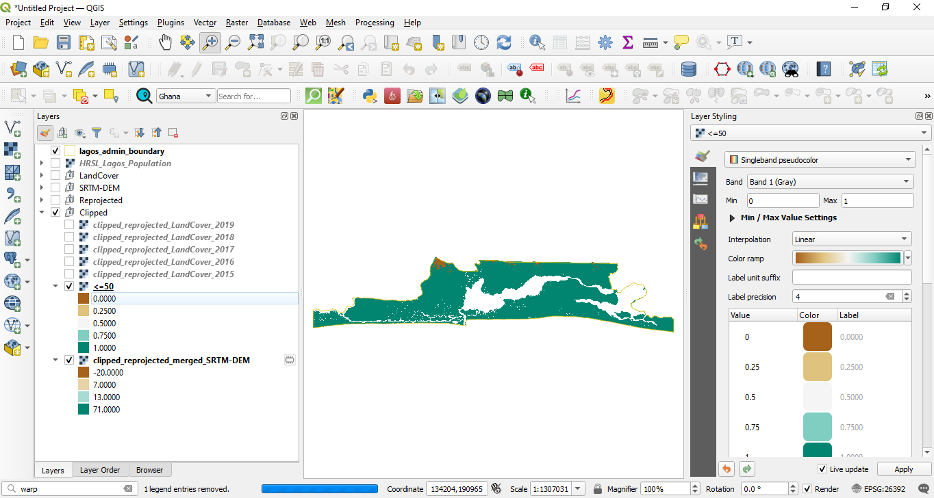 Spatial distribution of all pixels of value 1, meaning with altitude lower than 200 meters