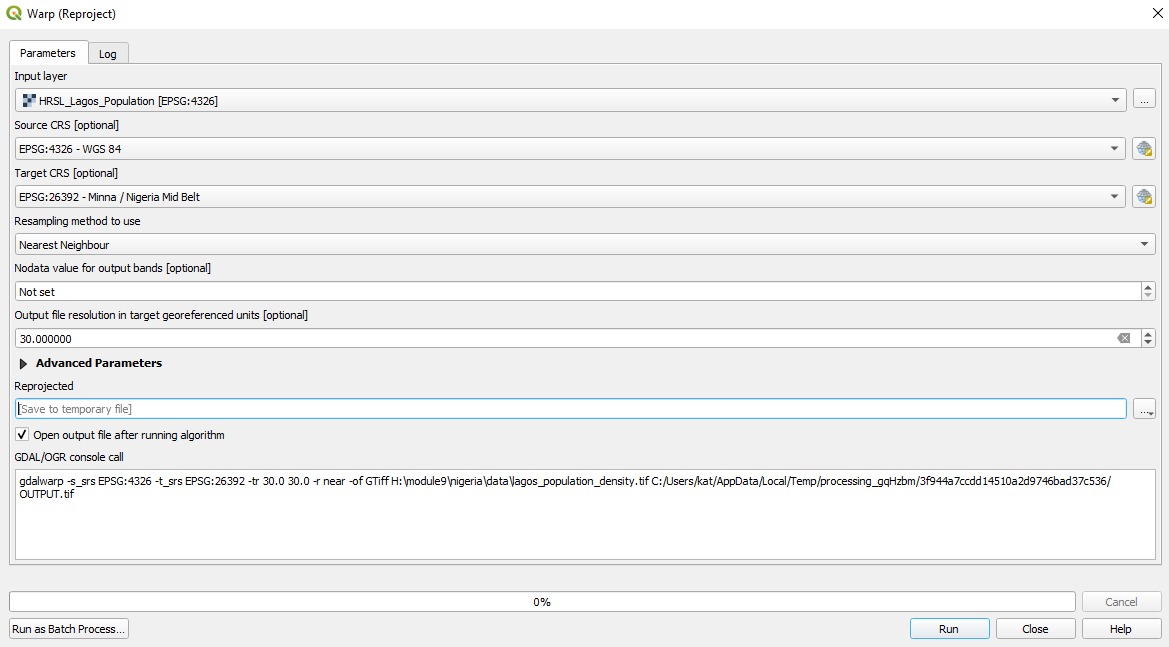 Warp (reproject) QGIS window