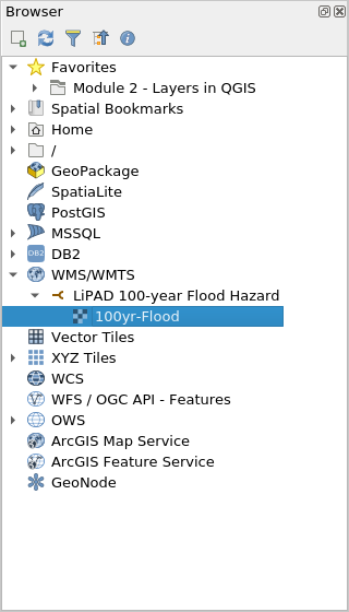 The LiPAD 100-year Flood Hazard WMS added in the Browser Panel