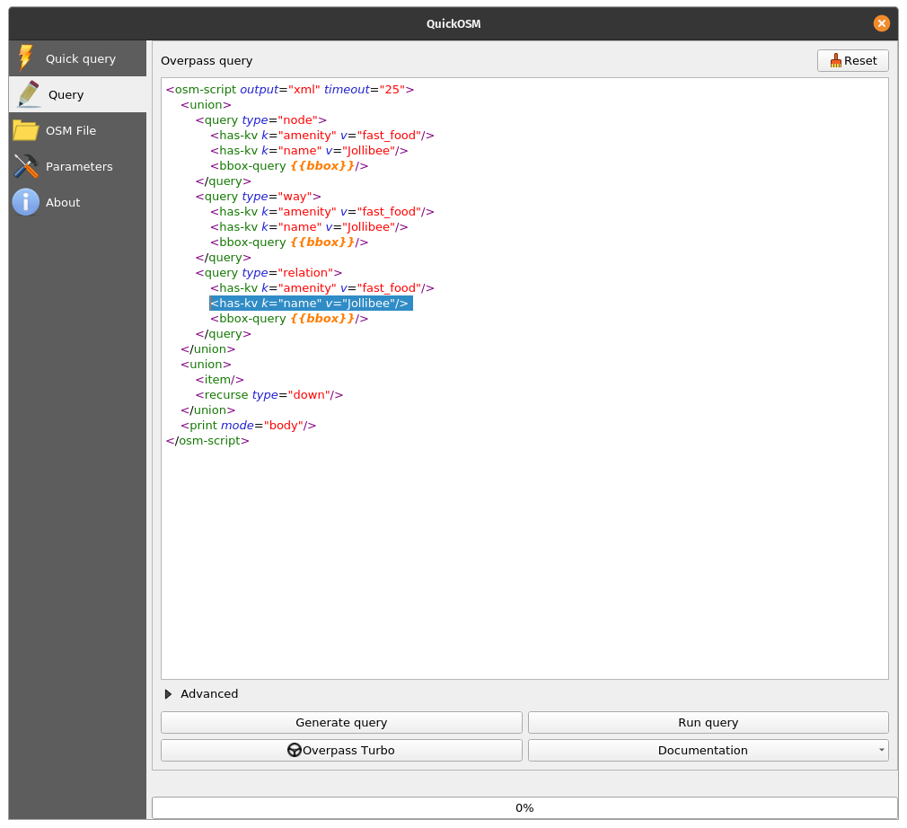 Overpass query to load only fast foods named Jollibee