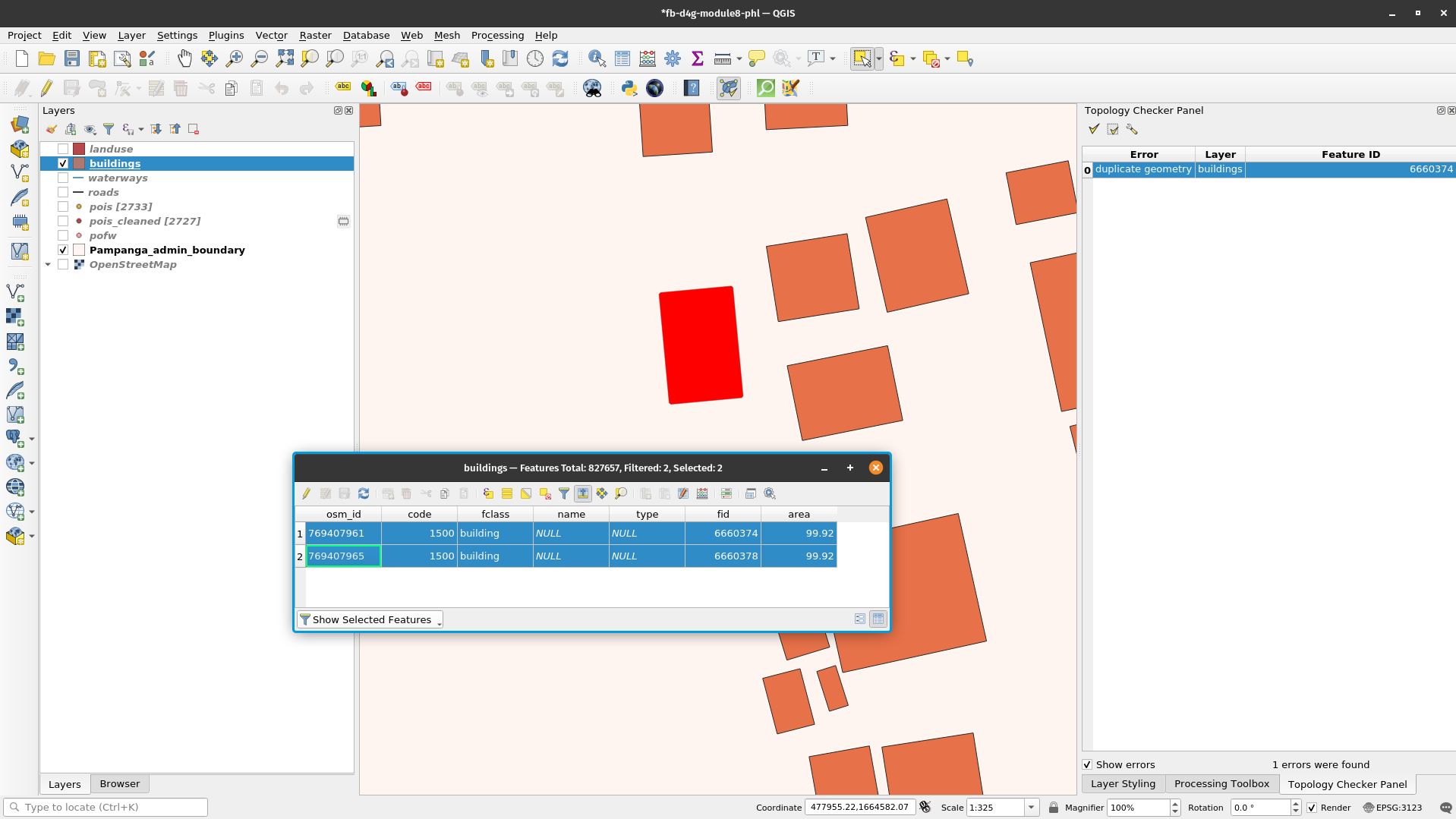 Results of topology check on the buildings vector layer