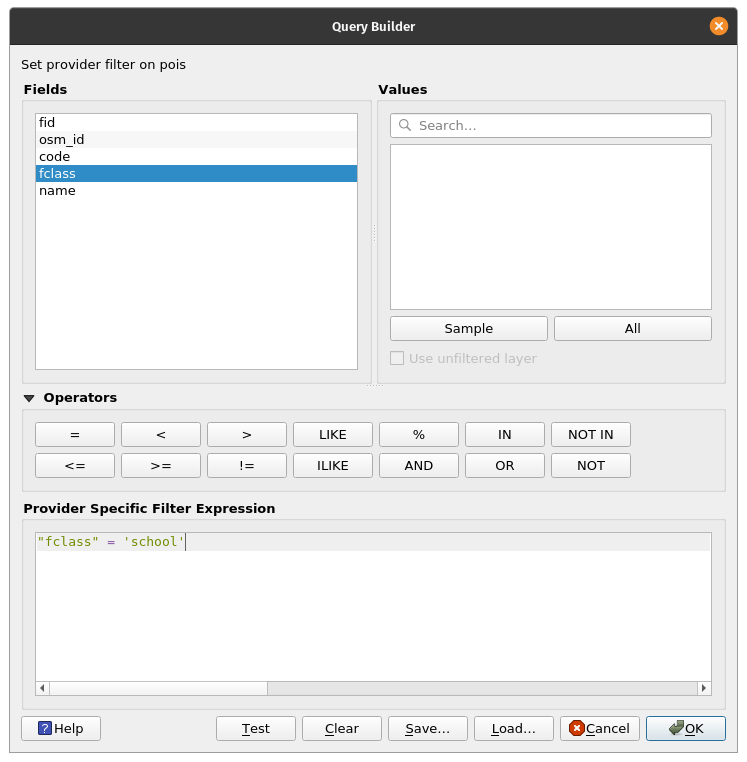 Filtering the poi layer to get all schools