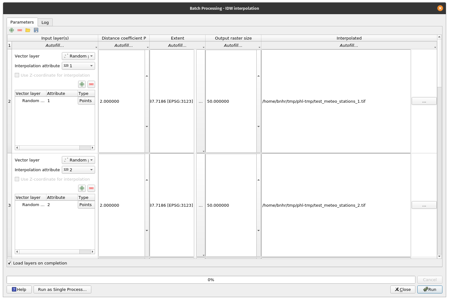 Setting up the batch processing window to interpolate the precipitation values for all 7 days