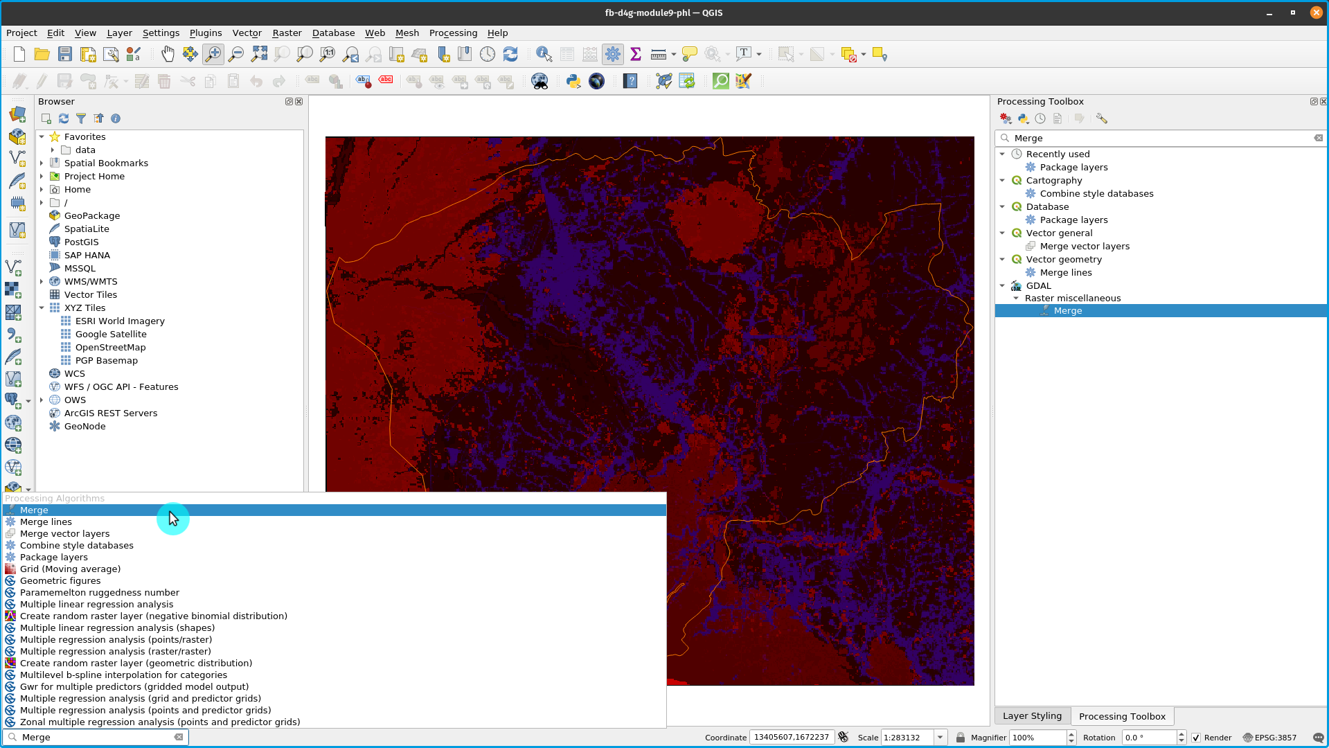 Finding the GDAL merge tool in the Processing Toolbox