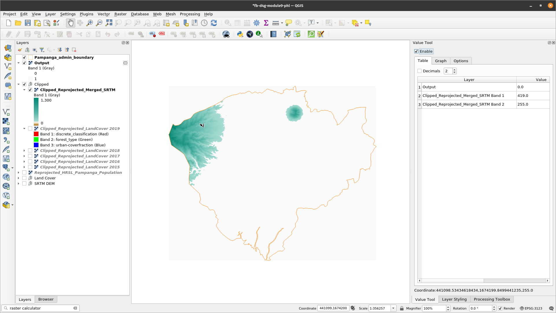 Spatial distribution of all pixels of value 1, meaning with altitude lower than 200 meters