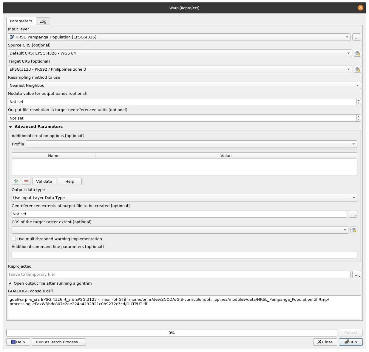 Warp (reproject) QGIS window