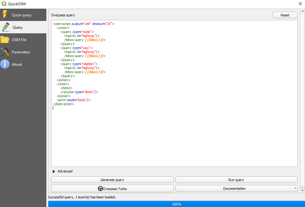 The Overpass query version of the Quick query to load highways