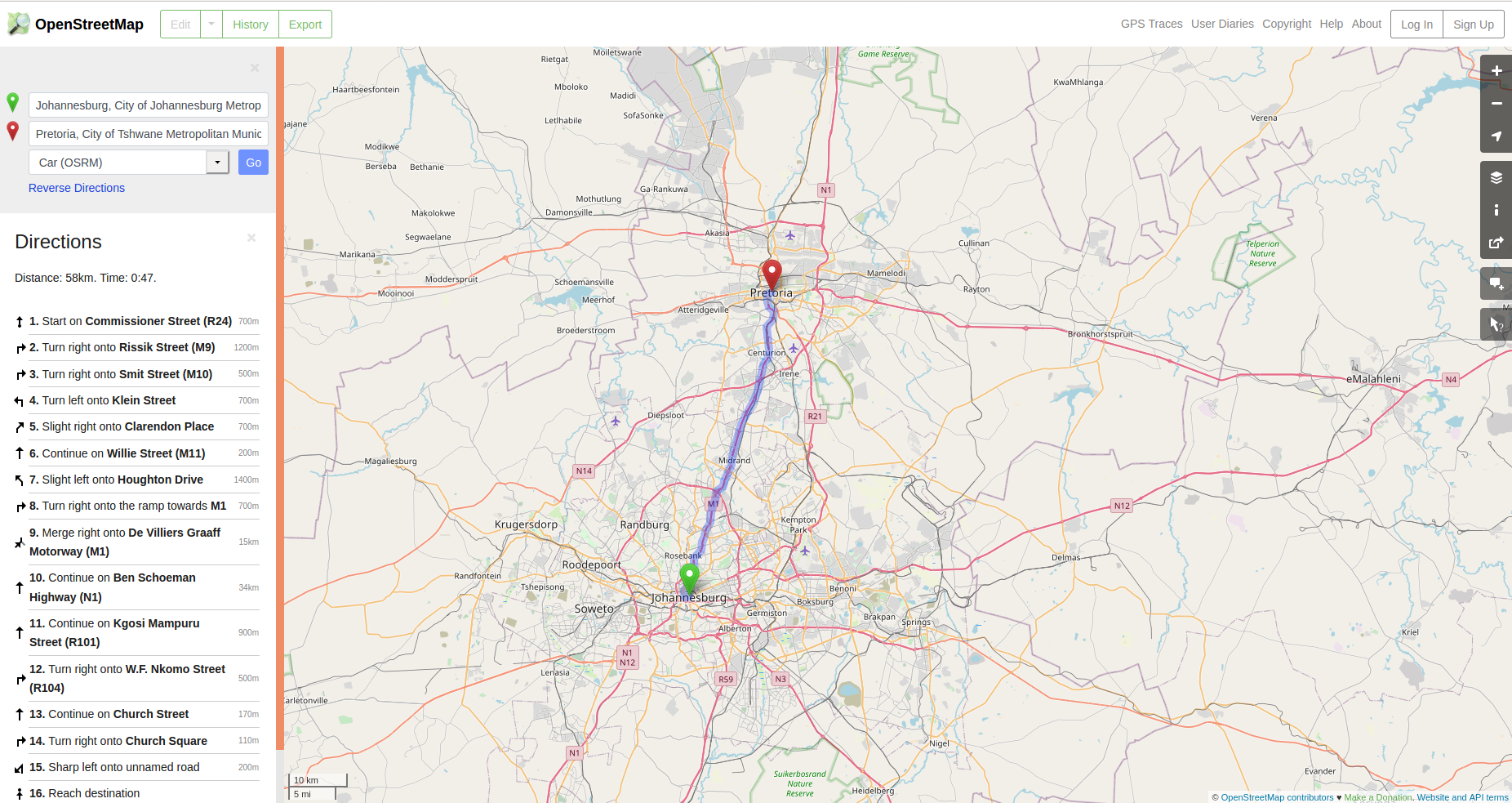 Getting from point A to B using Openstreetmap