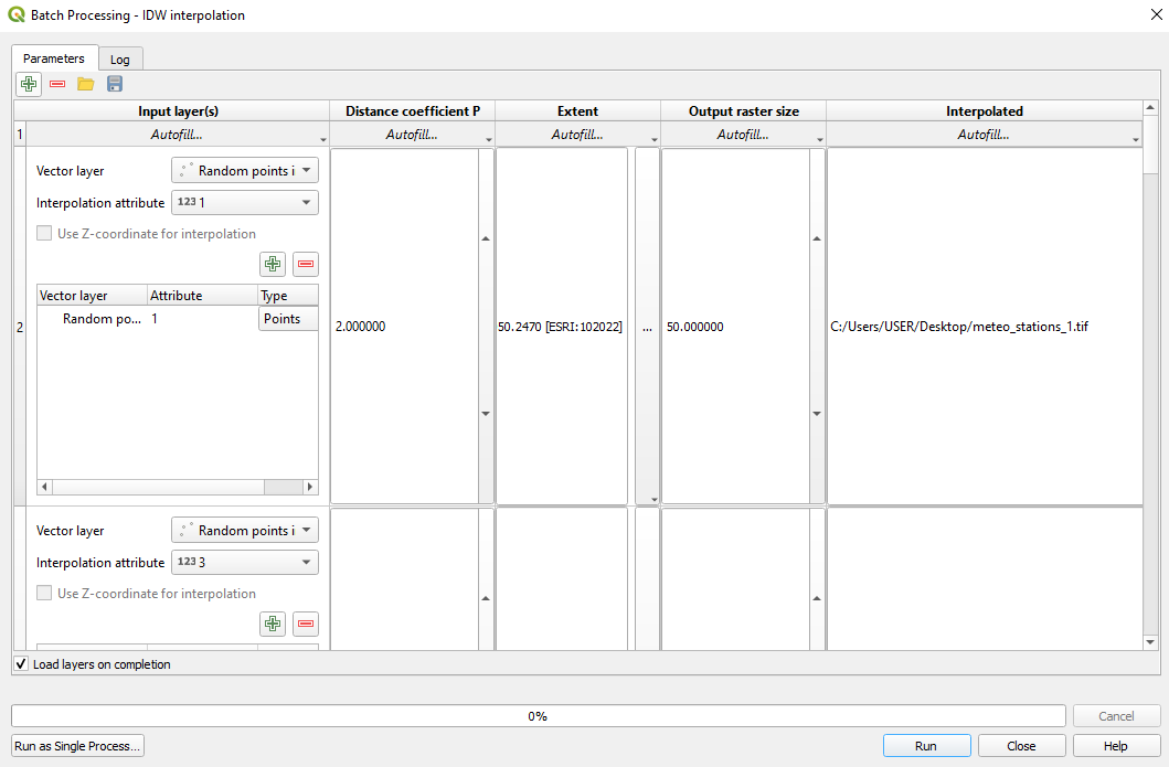 Setting up the batch processing window to interpolate the precipitation values for all 7 days