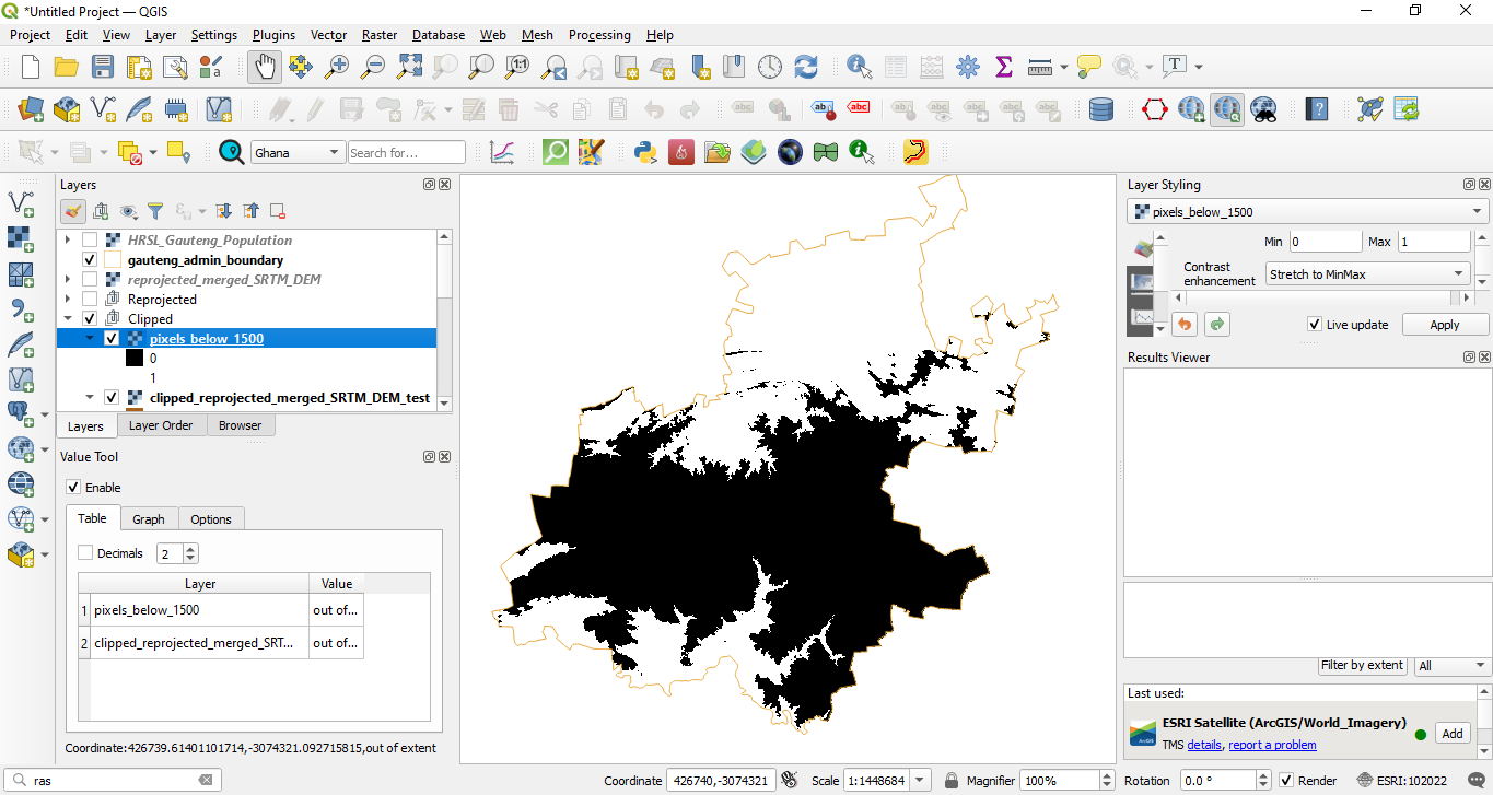 Result of identify all pixel values that are below 200 meters using the Raster Calculator