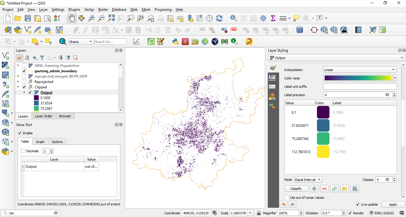 Distribution of population that lives below 200m in Gauteng province, represented at a 30m resolution