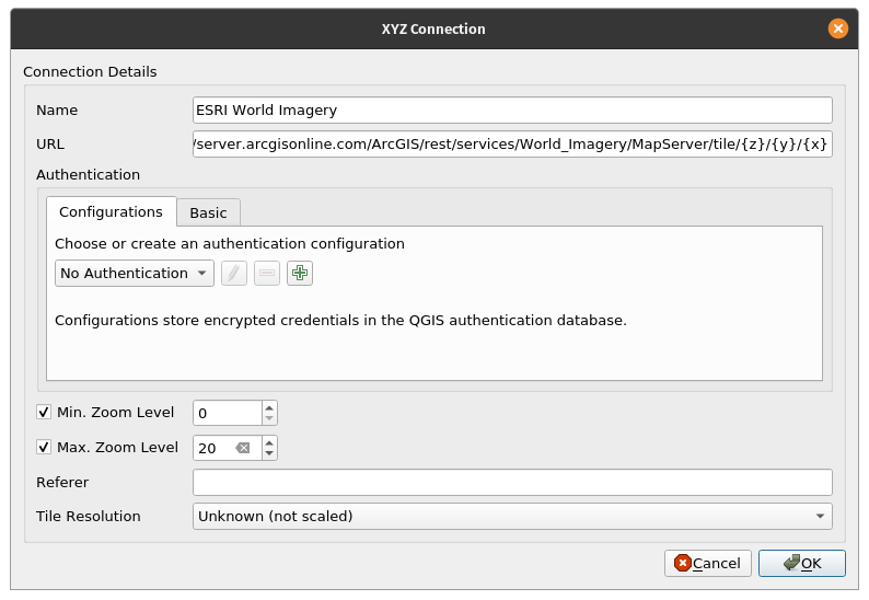 Adding an XYZ connection in QGIS