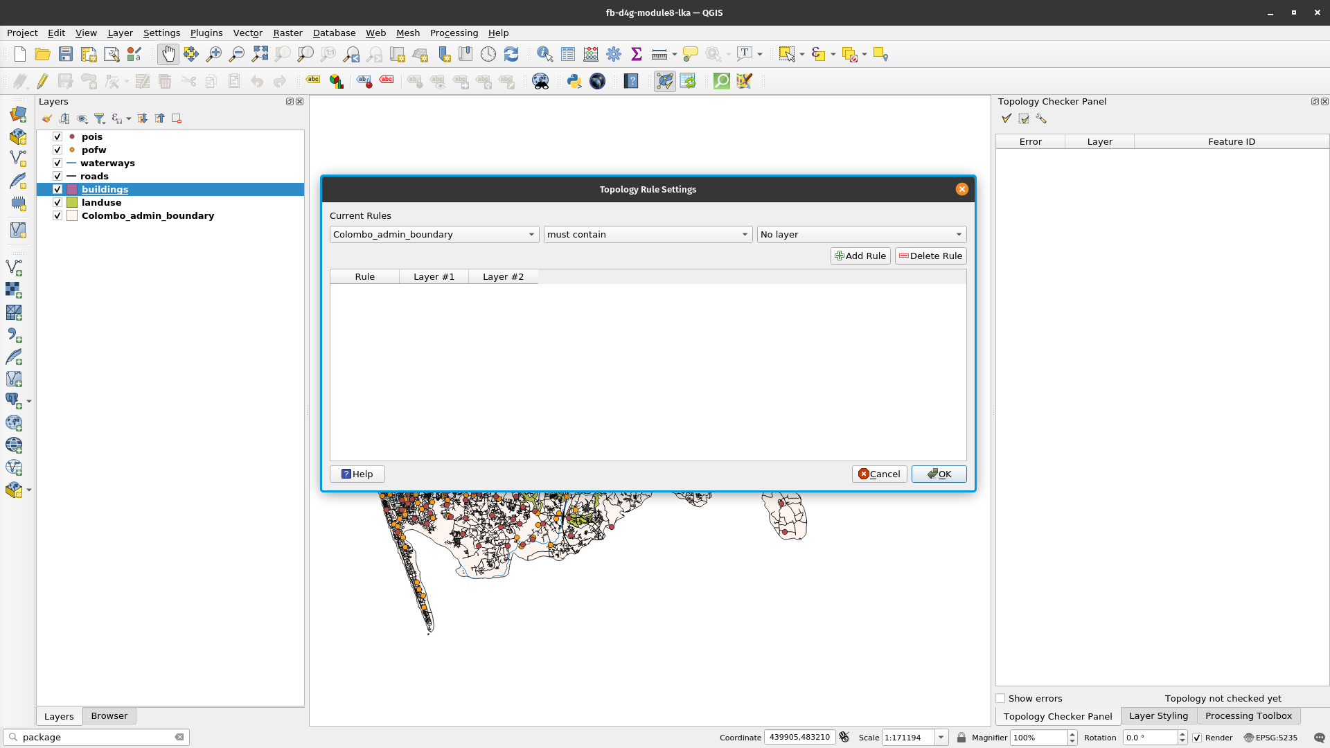 Topology rules dropdown menu based on the selected layer