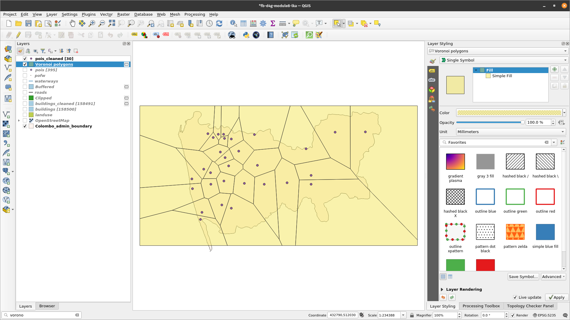 Results of applying Thiessen (Voronoi) polygons algorithm to a point vector layer