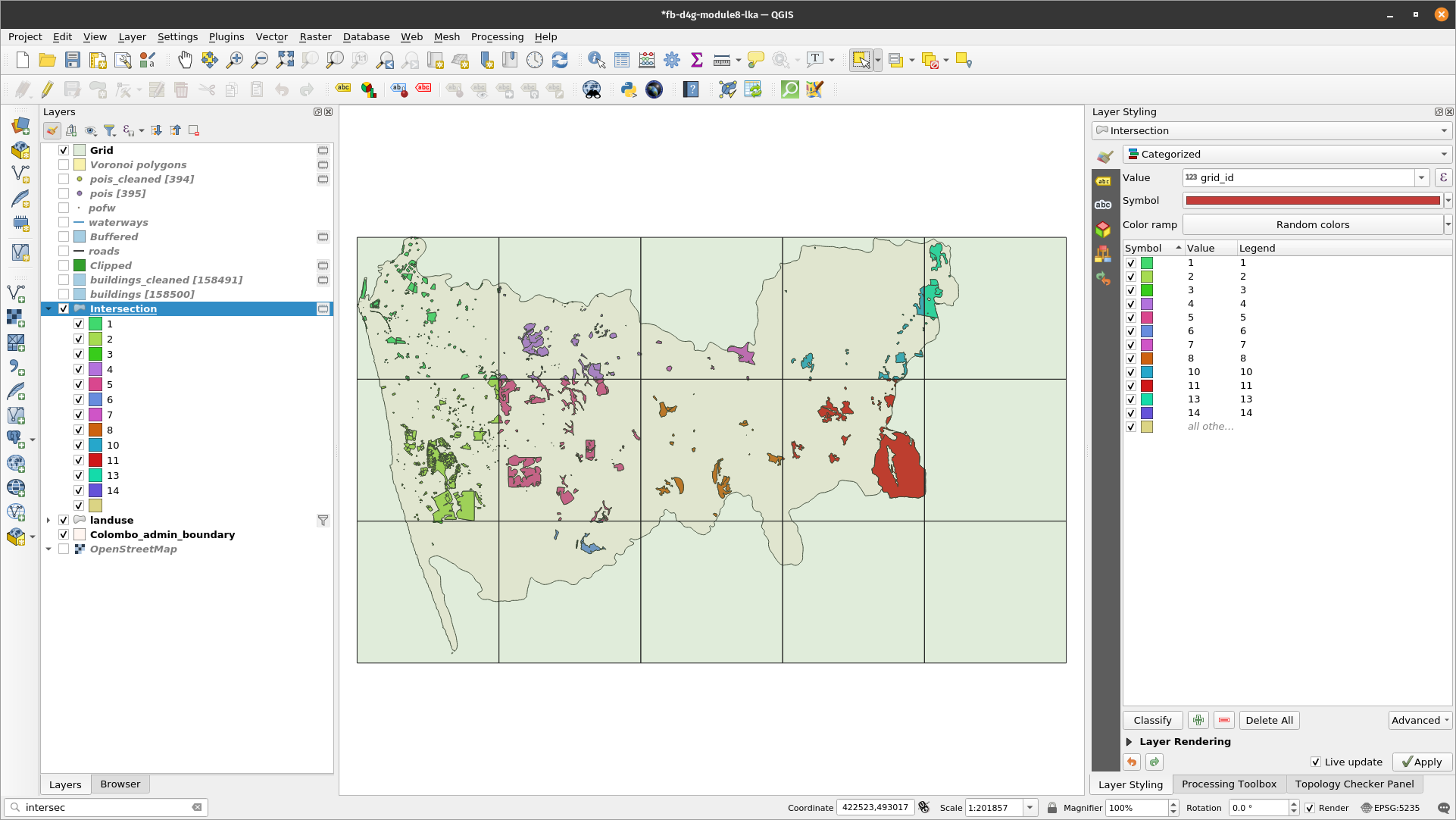 Result of running the intersection algorithm to clip the landuse vector polygons to the grid layer