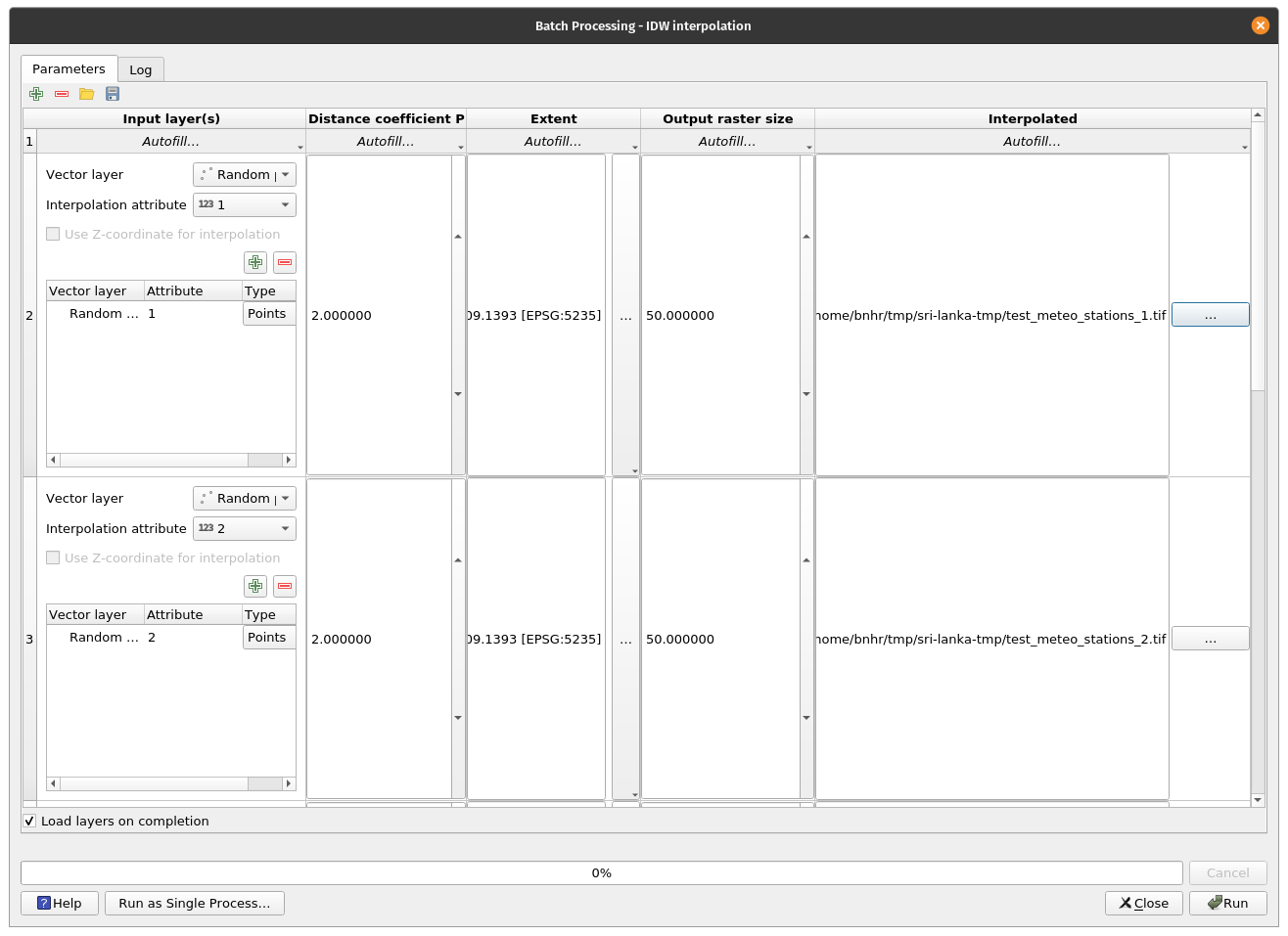 Setting up the batch processing window to interpolate the precipitation values for all 7 days