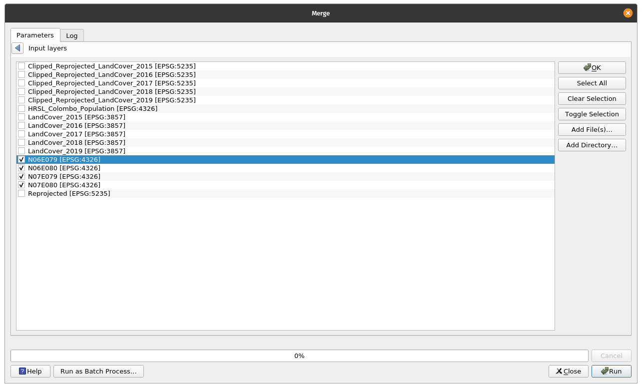 Selecting the SRTM layers to merge