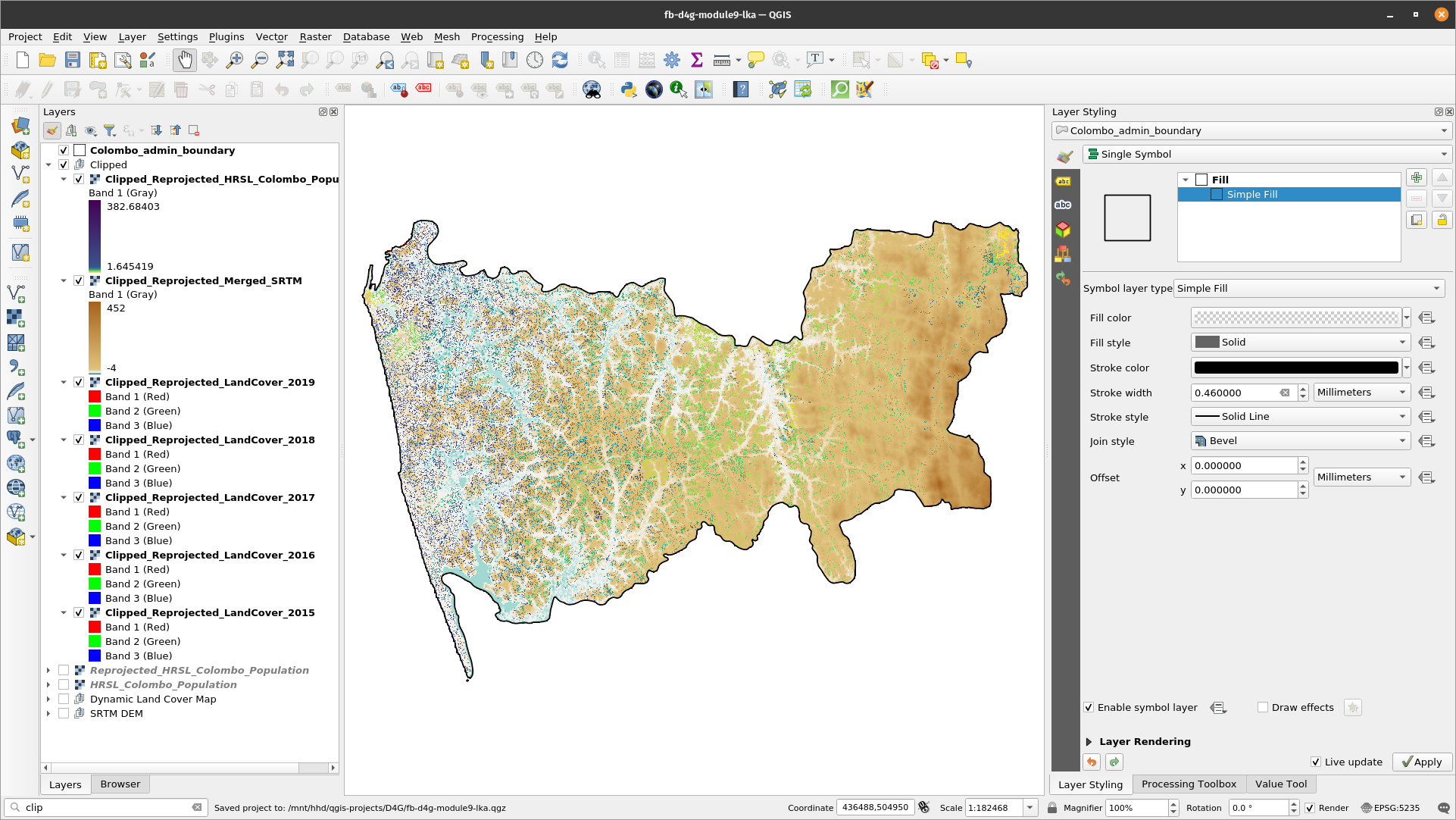 Raster layers clipped by Colombo district contour