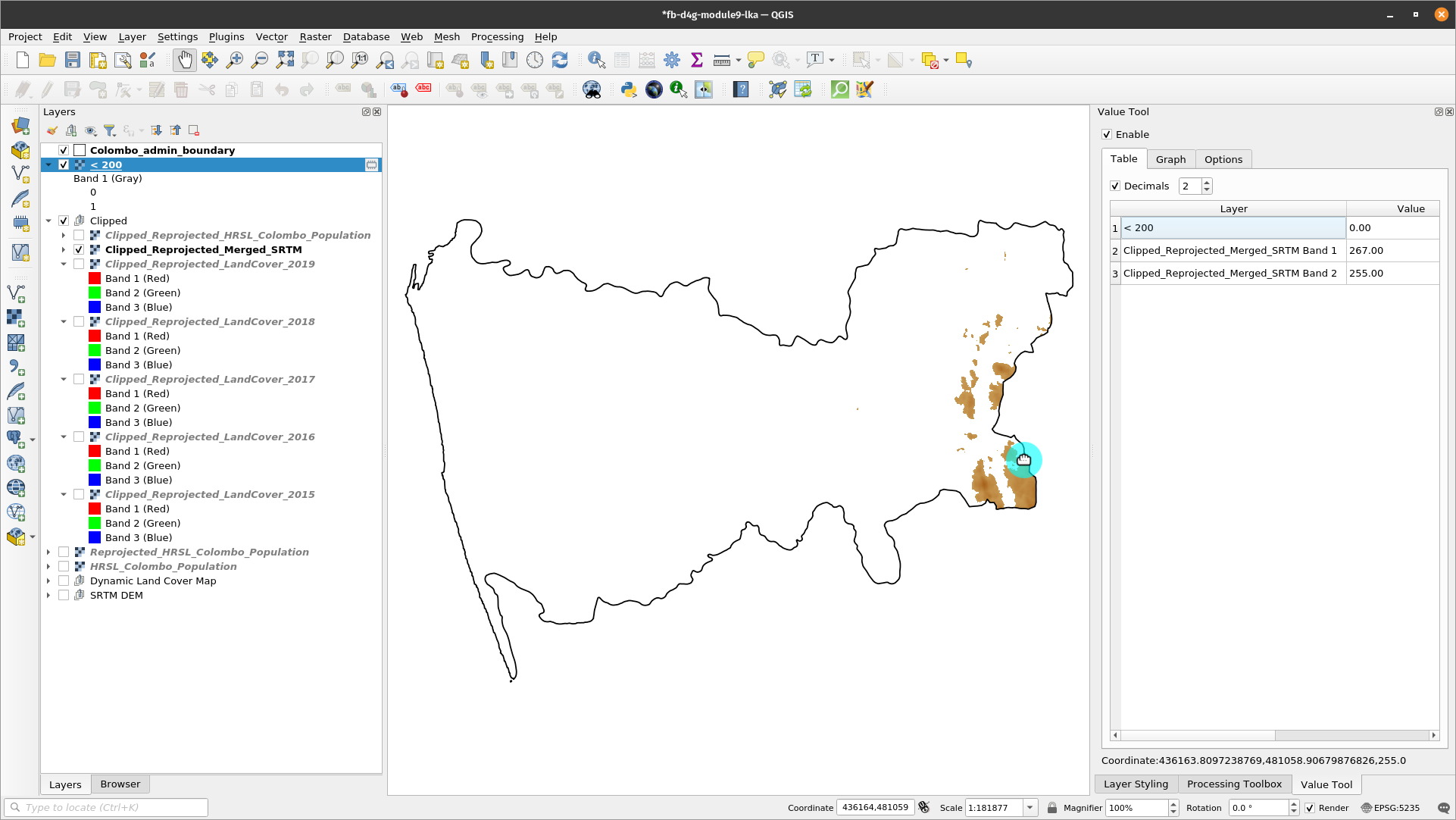 Spatial distribution of all pixels of value 1, meaning with altitude lower than 200 meters