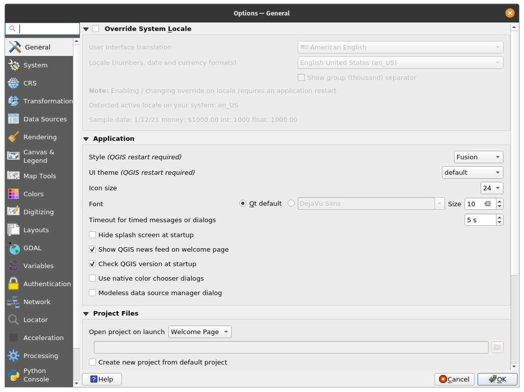 General Settings trong QGIS