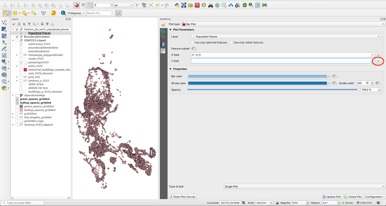 Hình 10.15k - Mở field calculator trong DataPlotly cho thuộc tính của layer được chọn trong QGIS để nhập biểu thức lọc các đối tượng hiển thị trong biểu đồ