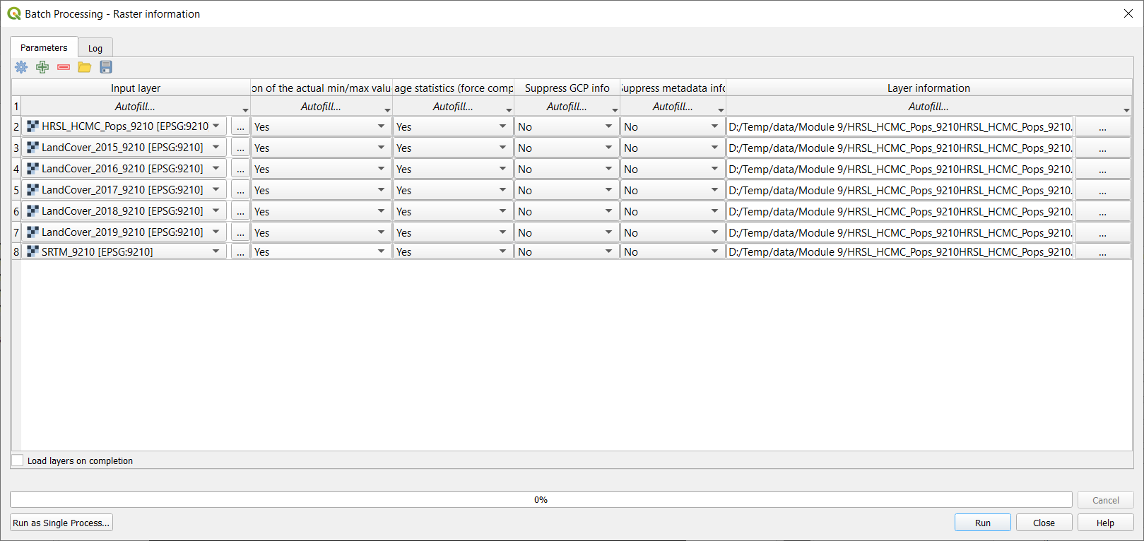 Batch process trích lọc thông tin thành một HTML file cho các raster layer