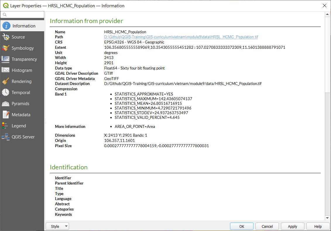 Thông tin metadata cơ bản của raster layer